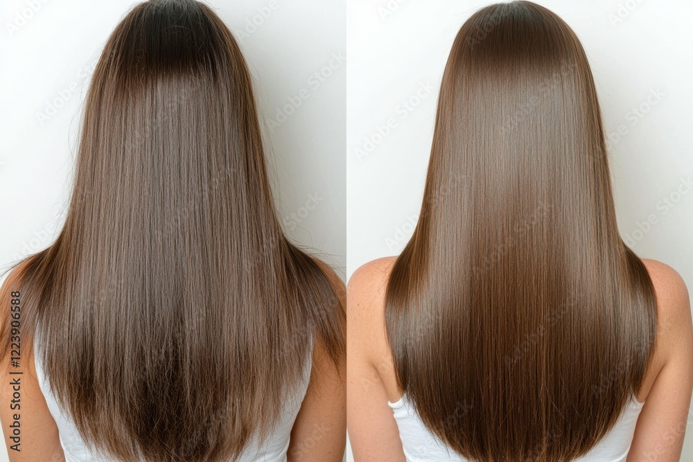 Two different hairstyles, one with a short cut and the other with a long cut, healthy hair and perfect appearance Two different hairstyles, one with a short cut and the other with a long cut, healthy hair and perfect appearance