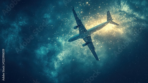 Wallpaper Mural Airplane Flying Through Universe with Stars and Nebulae, Capturing the Wonder of Aviation and Cosmic Beauty in a Nighttime Sky Full of Light and Mystery Torontodigital.ca