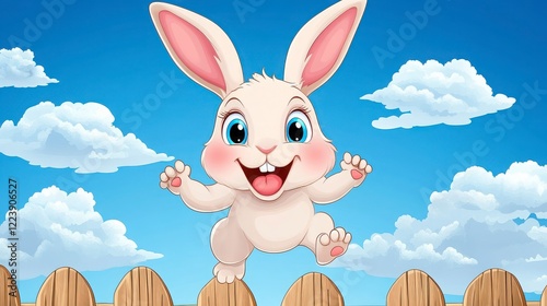 Cheerful Cartoon Bunny Jumping Over a Wooden Fence Under Blue Sky photo