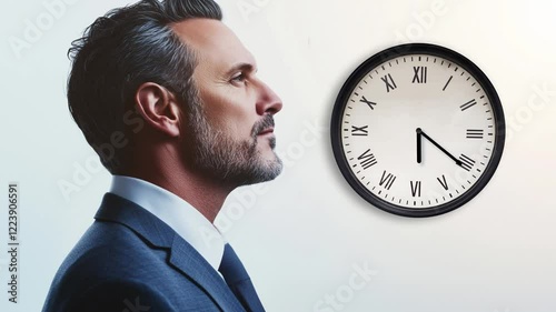 business man looking at clock, contemplating time