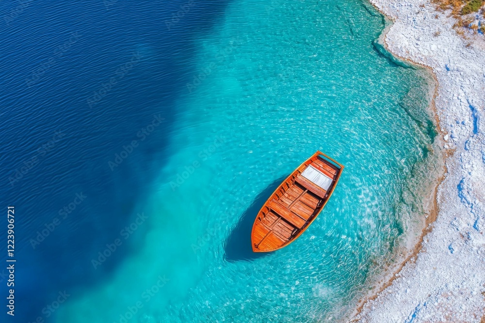 Fototapeta premium Boat is floating in the ocean with a blue sky in the background