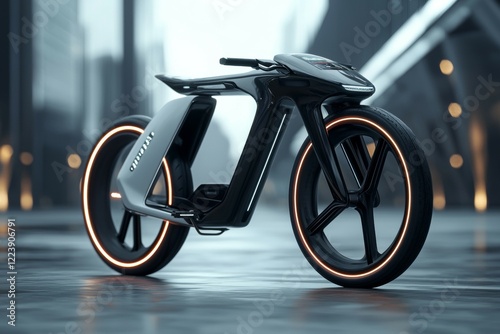 Futuristic looking motorcycle with neon lights on the wheels photo