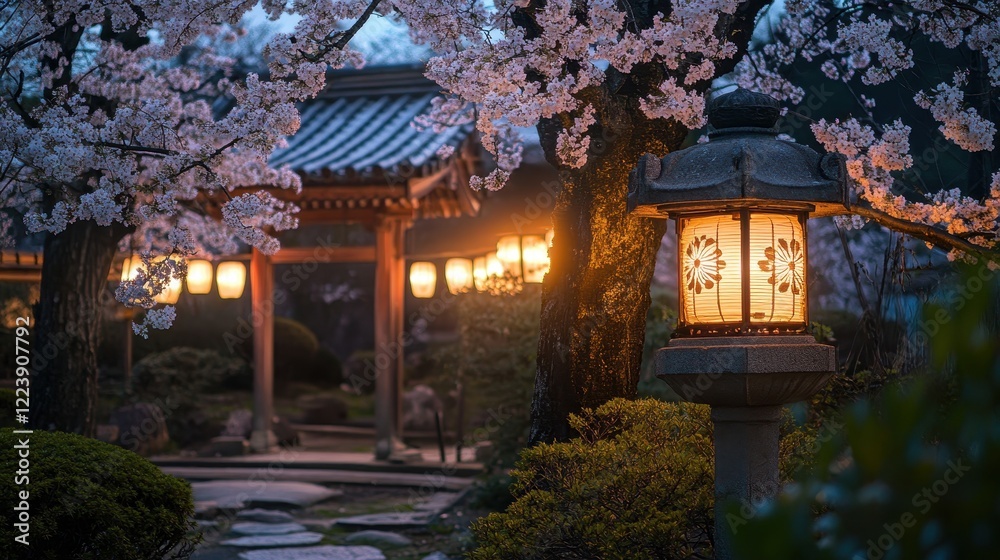 Fototapeta premium A serene garden scene at twilight, featuring cherry blossoms and illuminated lanterns, creating a peaceful, enchanting atmosphere.