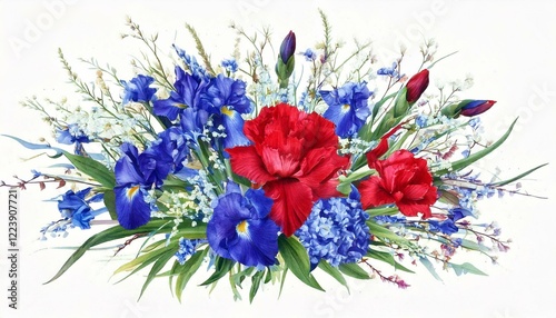 Beautiful spring bouquet- blue irises, red carnations, gypsophila. photo