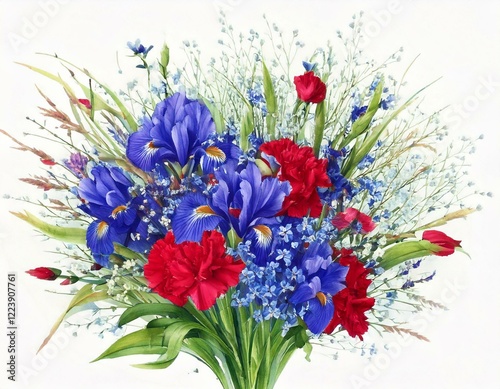 Beautiful spring bouquet- blue irises, red carnations, gypsophila. photo