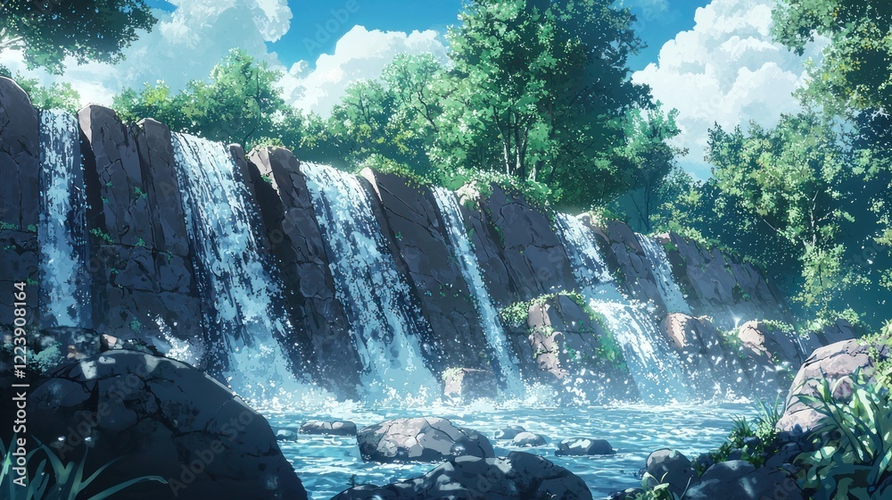Gully water cascading over smooth stones in a serene natural setting