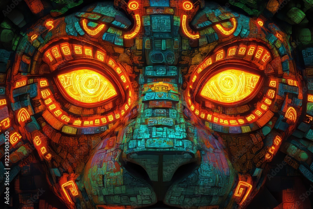 Intricate Mayan-style feline mask with glowing eyes. Intricate Mayan-style feline mask with glowing eyes.