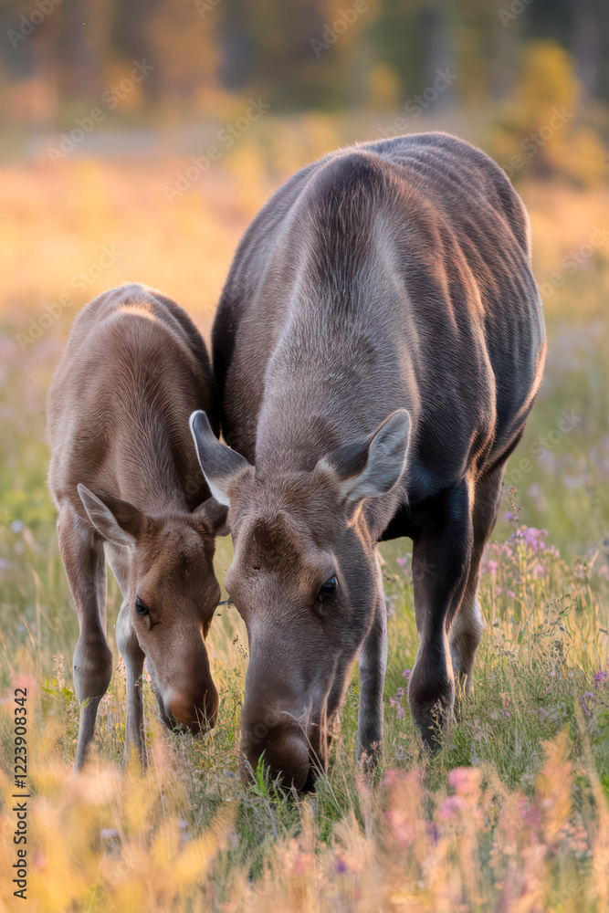 Moose cow and calf graze in a field of wildflowers.