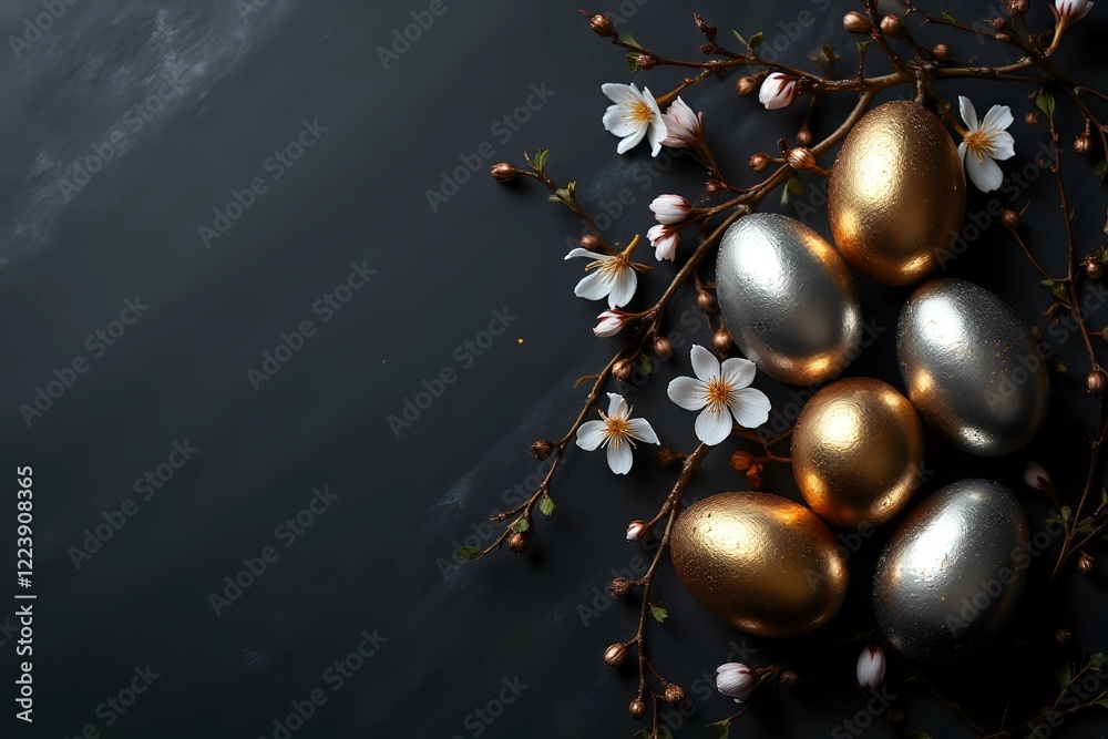 Naklejka premium Golden and silver Easter eggs with plum blossom flower on dark black slate table background with copy space