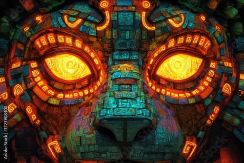 Wallpaper Mural Intricate Mayan-style feline mask with glowing eyes. Torontodigital.ca