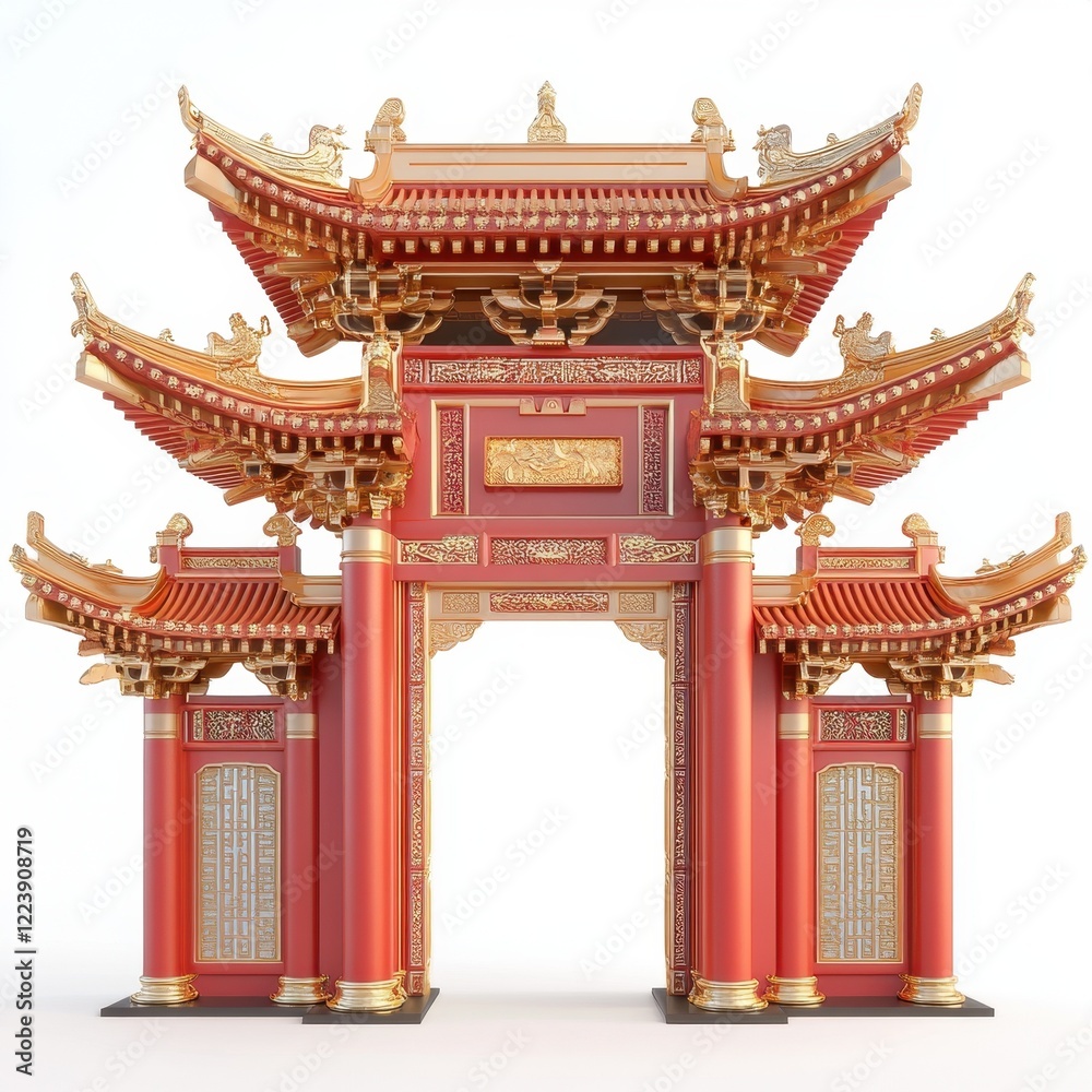 A traditional Chinese architectural structure with intricate detailing, featuring vibrant red and gold colors, showcasing ornate rooftops and decorative elements. A traditional Chinese architectural structure with intricate detailing, featuring vibrant red and gold colors, showcasing ornate rooftops and decorative elements.