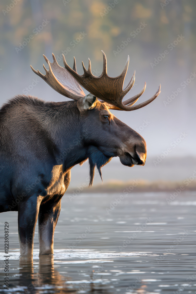 Fototapeta premium Majestic moose stands in calm water at sunrise.