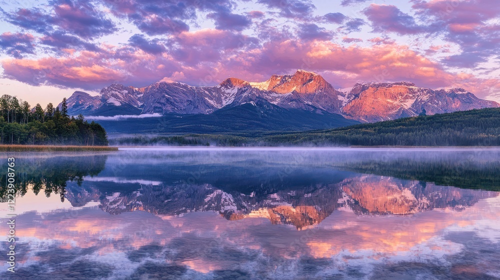 Majestic mountains reflecting in a calm lake during sunrise