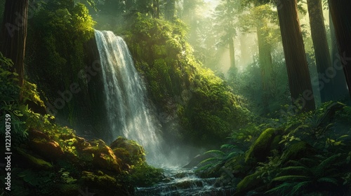 Enchanted Waterfall in a Redwood Forest