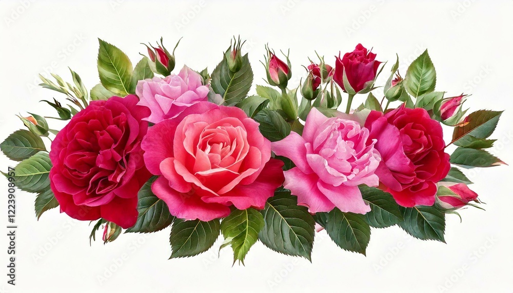 Bouquet of roses, spring blossom. Horizontal border with red, mauve, Bouquet of roses, spring blossom. Horizontal border with red, mauve,