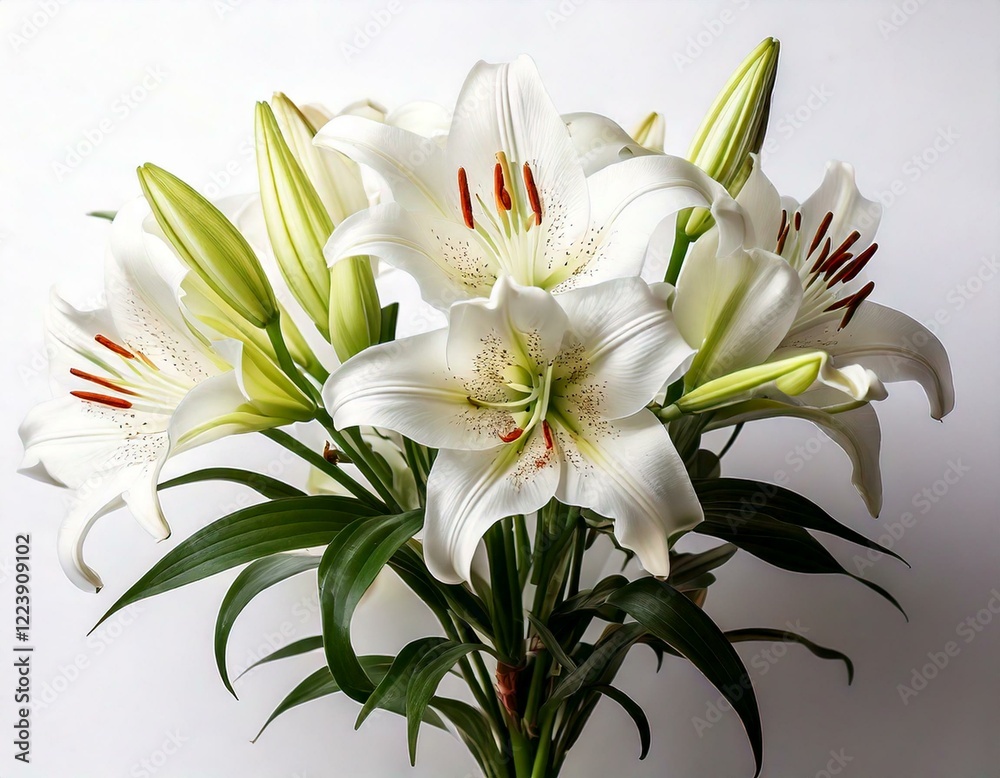 Fototapeta premium Branch of white lilies flowers. Mourning or funeral white background