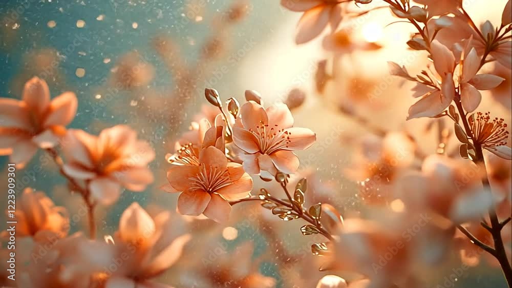 Delicate cherry blossoms glowing under soft ambient light in a dreamy setting. Delicate cherry blossoms glowing under soft ambient light in a dreamy setting.