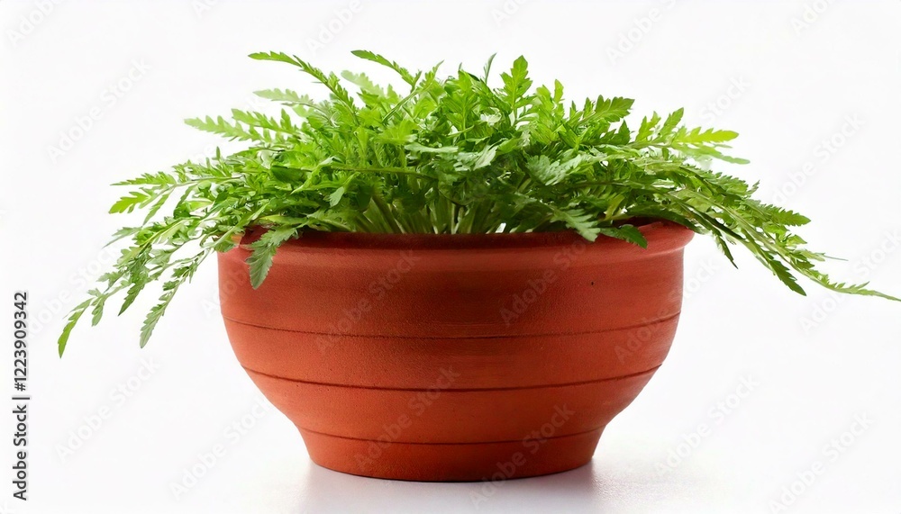 Fototapeta premium Brown earthen flower pot with green plant isolated on white