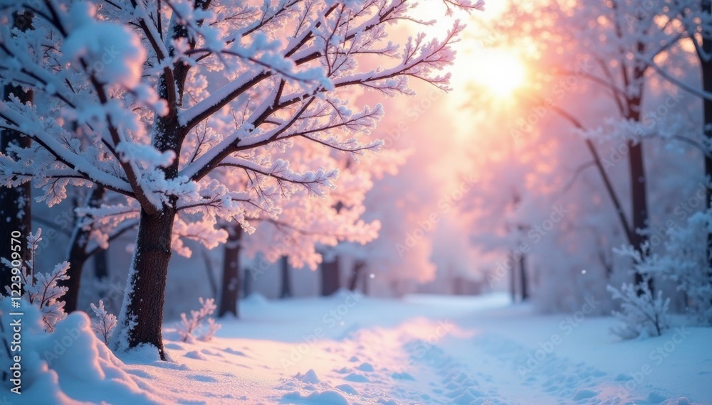 Naklejka premium Soft pink light filters through frosty branches, calm, natural light, snow-covered trees