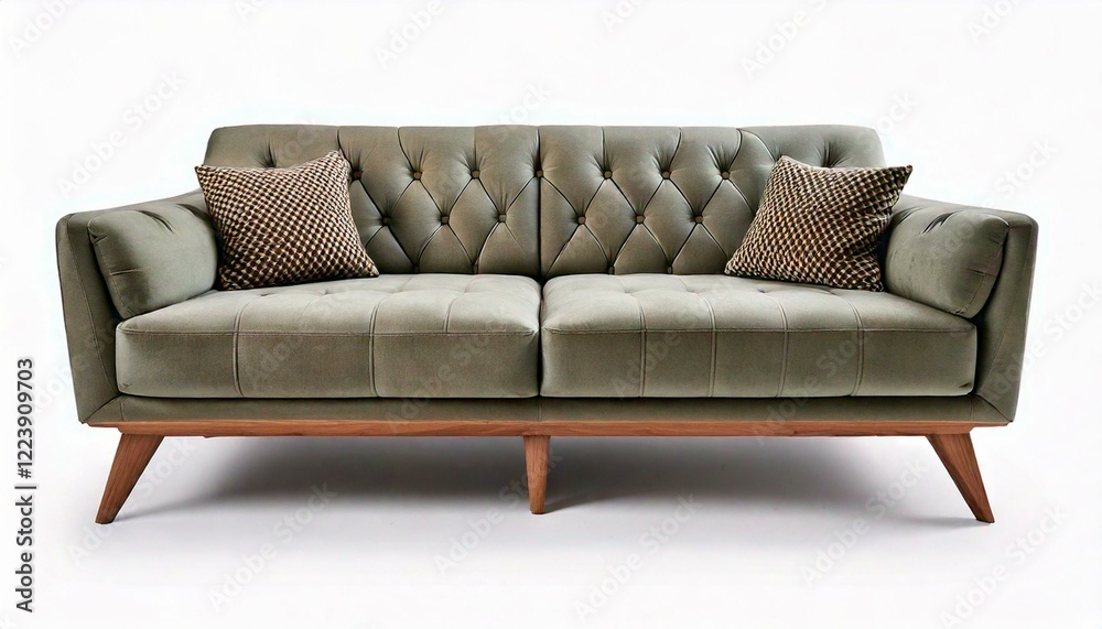 Fototapeta premium modern sofa with button tufts and angular wooden legs isolated white background