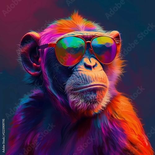 a monkey is wearing sunglasses in a bright color photo