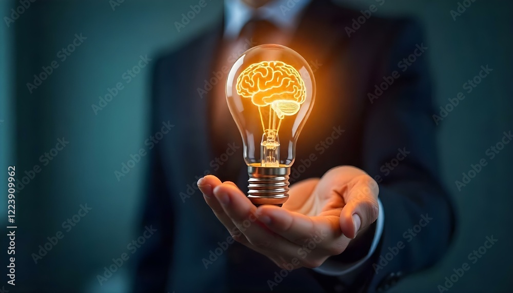 A person holding a glowing light bulb with a brain illustration inside, symbolizing creativity and innovation, set against a blurred background for a sleek, modern visual effect A person holding a glowing light bulb with a brain illustration inside, symbolizing creativity and innovation, set against a blurred background for a sleek, modern visual effect