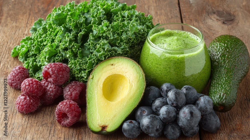 Ingredients for a green smoothie, including kale, avocado, and fresh fruit, on a wooden countertop