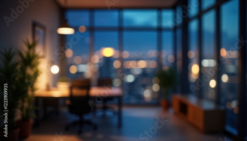 Modern office space at night. Blurred view of city lights outside large windows. Interior with plants, furniture. Abstract design. Nighttime urban vibe. Blending of indoor, outdoor elements. Working