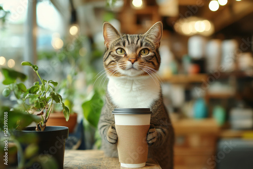 Playful cat enjoys coffee in cozy indoor setting lifestyle photography capturing whimsical atmosphere and relaxed vibes photo