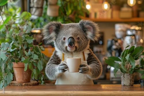 Charming koala barista serving coffee in a cozy australian surrounded by greenery close-up view whimsical concept