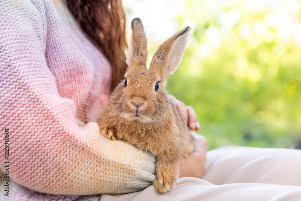 Obraz premium Asian woman holding healthy Lovely bunny easter fluffy rabbits, baby rabbit on posing on green garden leaves nature background. The Easter hares. Close up of a rabbit. animal symbol of easter day.
