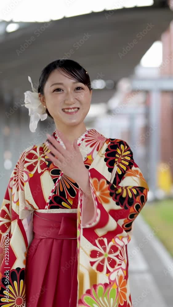 Young women in their twenties shoot video blogs at traditional graduation ceremony in Japan, wear HAKAMA (kimono), and walk in front of a traditional Japanese building. Young women in their twenties shoot video blogs at traditional graduation ceremony in Japan, wear HAKAMA (kimono), and walk in front of a traditional Japanese building.