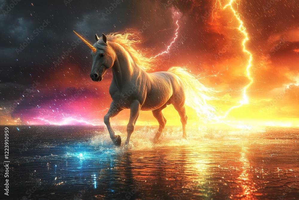 Majestic unicorn galloping through stormy waters at dusk fantasy art dramatic seascape mythical elements Majestic unicorn galloping through stormy waters at dusk fantasy art dramatic seascape mythical elements