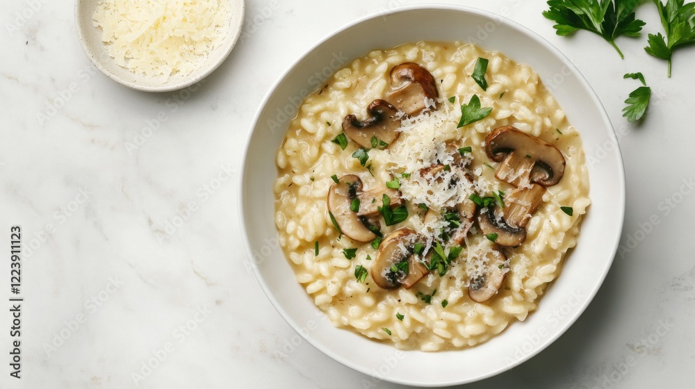 A creamy and delicious mushroom risotto with tender mushrooms, Parmesan cheese, and a sprinkle of fresh herbs A creamy and delicious mushroom risotto with tender mushrooms, Parmesan cheese, and a sprinkle of fresh herbs