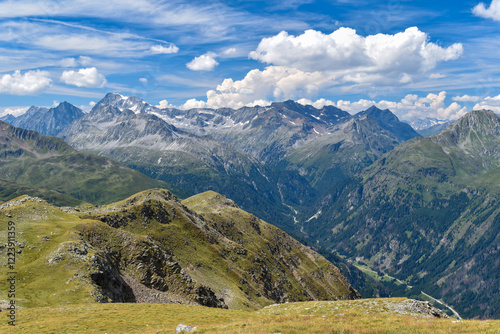 view of the upper part of Defereggen valley with peak of Hochgall, Hohe Tauern, east tyrol, Austria photo