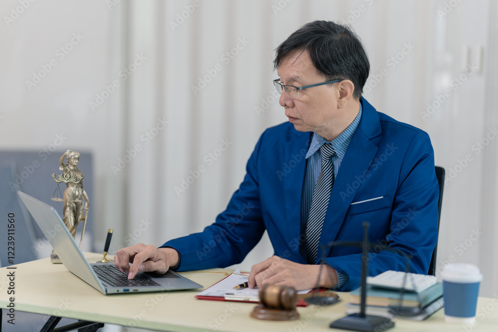 Lawyer, judge in suit with legal documents, advice and justice, working with laptop and hammer and scales on table, online work concept Lawyer, judge in suit with legal documents, advice and justice, working with laptop and hammer and scales on table, online work concept