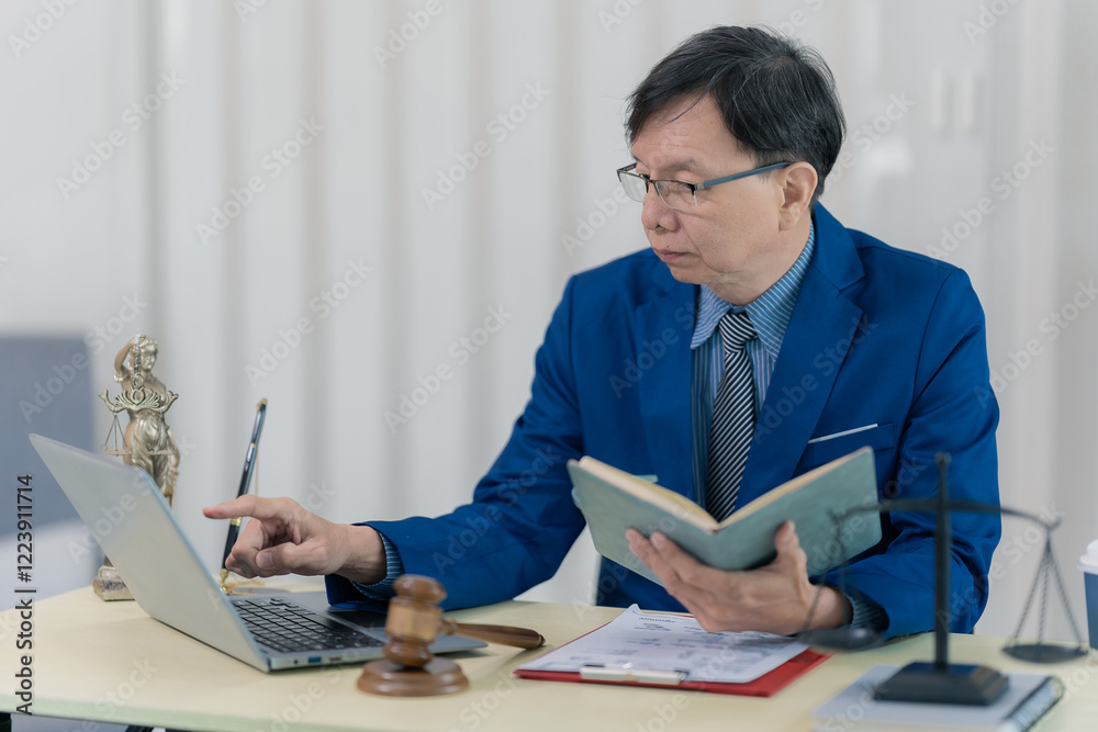 Lawyer, judge in suit with legal documents, advice and justice, working with laptop and hammer and scales on table, online work concept Lawyer, judge in suit with legal documents, advice and justice, working with laptop and hammer and scales on table, online work concept