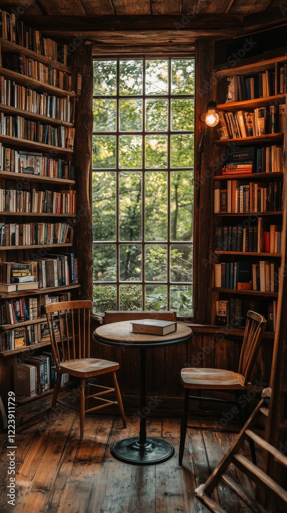 Fototapeta premium A cozy bookstore interior with wooden shelves, vintage books, and a reading nook by a window with natural light