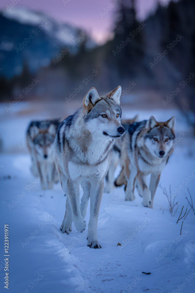 Wolves trekking through a snowy landscape at dusk. Wolves trekking through a snowy landscape at dusk.