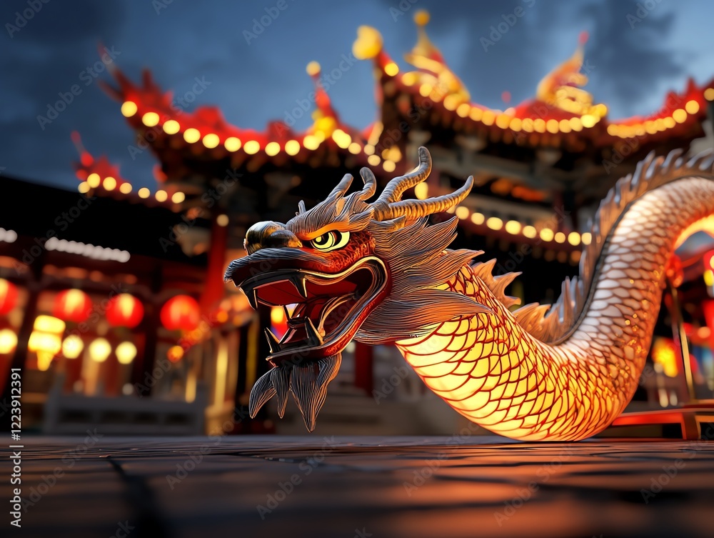 Dragon lantern centerpiece of a bustling festival square, glowing vibrantly, 3D illustration Dragon lantern centerpiece of a bustling festival square, glowing vibrantly, 3D illustration