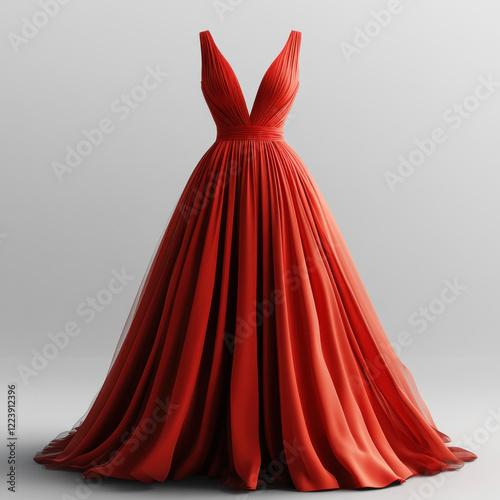 Red dress with deep v-neckline and long train swirling on a dance floor, catching the light, exuding elegance and grace.