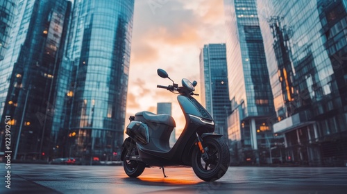 A sleek electric scooter parked in a modern urban setting, with skyscrapers and glass buildings in the background