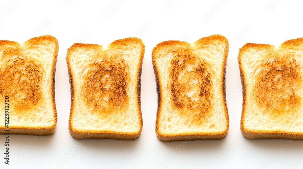 Freshly toasted bread slices aligned side by side on a seamless white background, highlighting their even browning Freshly toasted bread slices aligned side by side on a seamless white background, highlighting their even browning