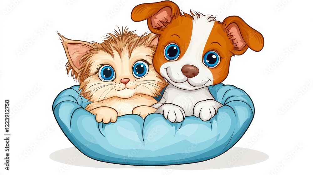 Naklejka premium Cute Dog and Cat Together in a Cozy Bed with Big Blue Eyes