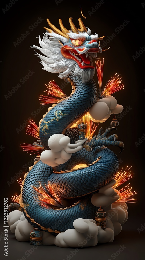 Fototapeta premium Firecrackers arranged in a spiral around a glowing dragon statue, dynamic lighting, 3D illustration