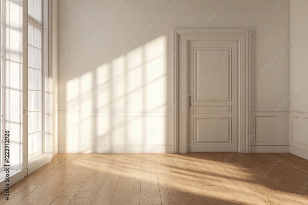 Sunlit empty room with hardwood floors and a classic white door. Ideal for showcasing home decor, interior design, or real estate projects. Sunlit empty room with hardwood floors and a classic white door. Ideal for showcasing home decor, interior design, or real estate projects.