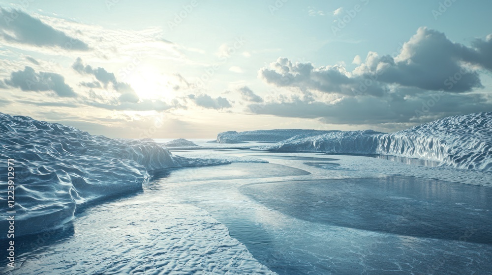 A melting glacier with water flowing into the ocean, representing rising temperatures.