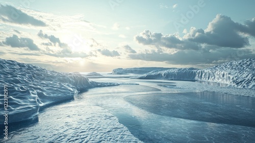 Obraz na płótnie A melting glacier with water flowing into the ocean, representing rising temperatures. w salonie