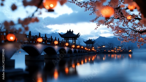 Elegant bridge lit by dragonshaped lanterns, serene water reflection, 3D illustration photo