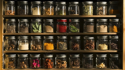 Obraz na płótnie A collection of glass jars filled with spices arranged neatly in a pantry w salonie